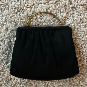 Vintage 60s black satin evening bag, gold satin interior, ball handle closure
